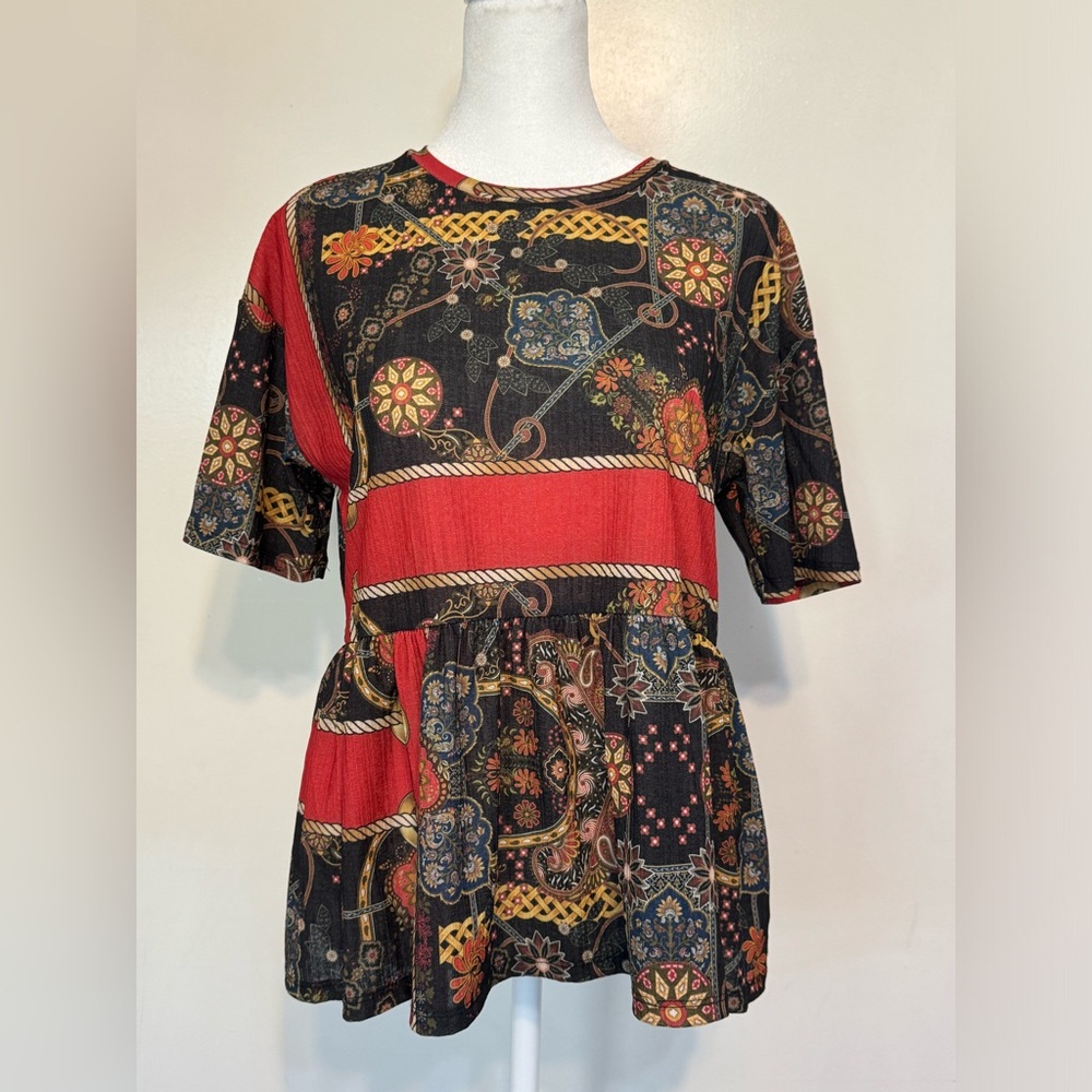 Zara Trafaluc Women’s Peplum Top Multi Color Floral Short Sleeve Stretch Sz M